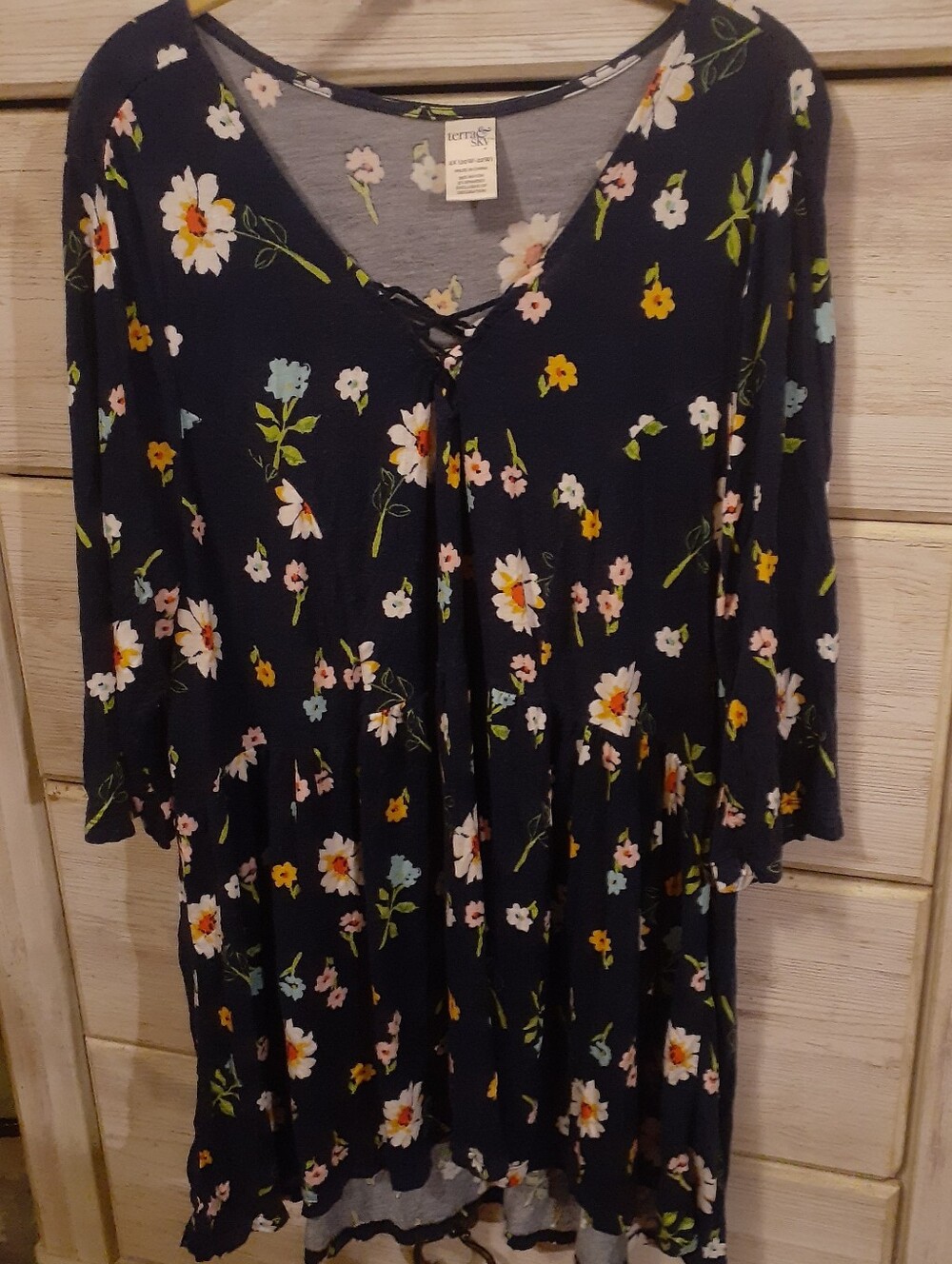 Terra & Sky Navy Floral Lace-Up Long Sleeve Swing Dress